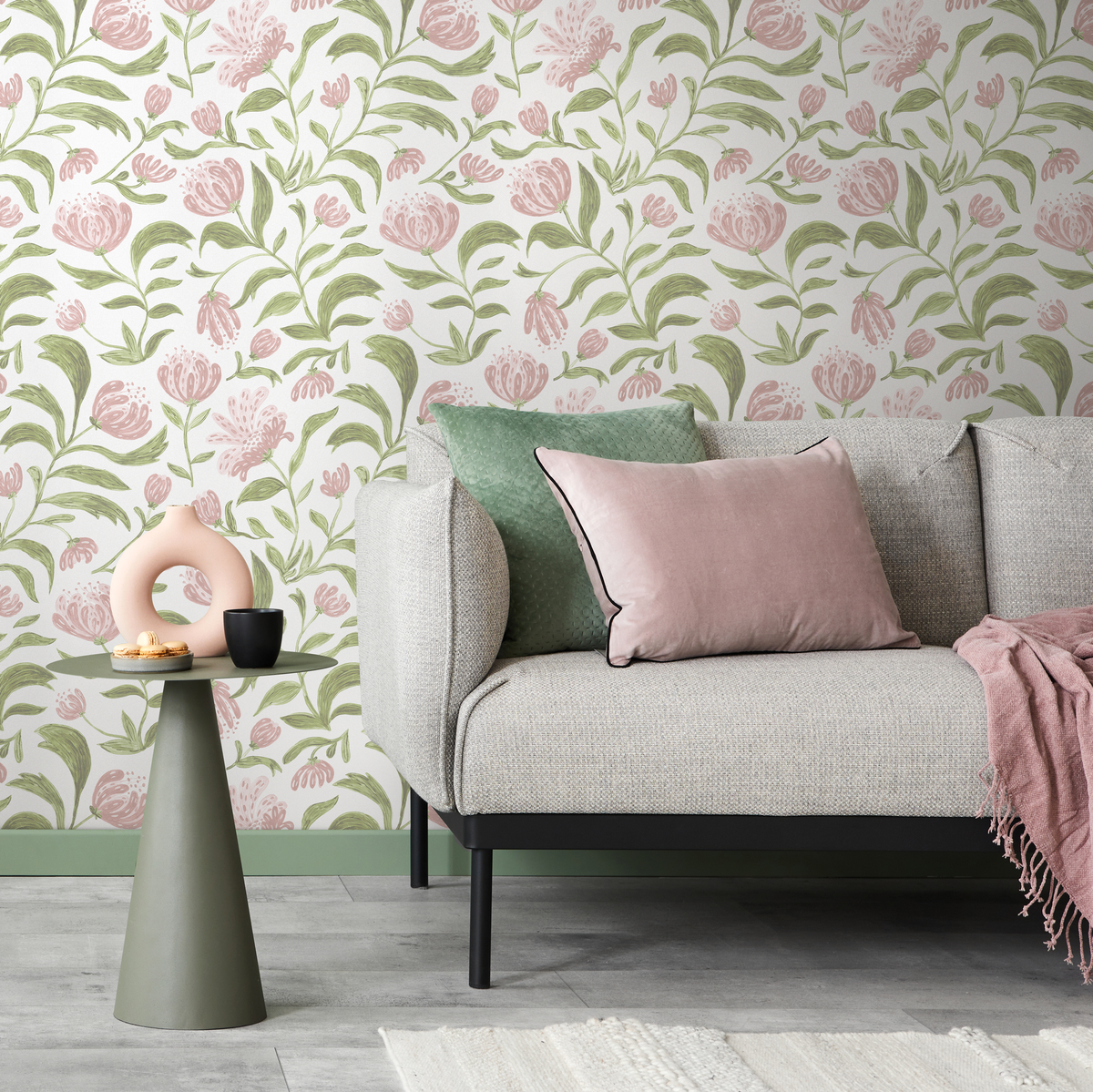 Floral Wallpaper Featuring a Vintage Garden Vine in Pink and Green - detail view