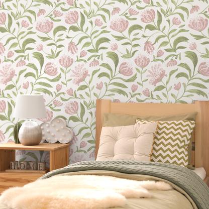 Pink Floral Garden Wallpaper / Peel and Stick Wallpaper Removable Wallpaper Home Decor Wall Art Wall Decor Room Decor - C972