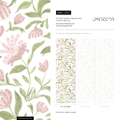 Pink Floral Garden Wallpaper / Peel and Stick Wallpaper Removable Wallpaper Home Decor Wall Art Wall Decor Room Decor - C972