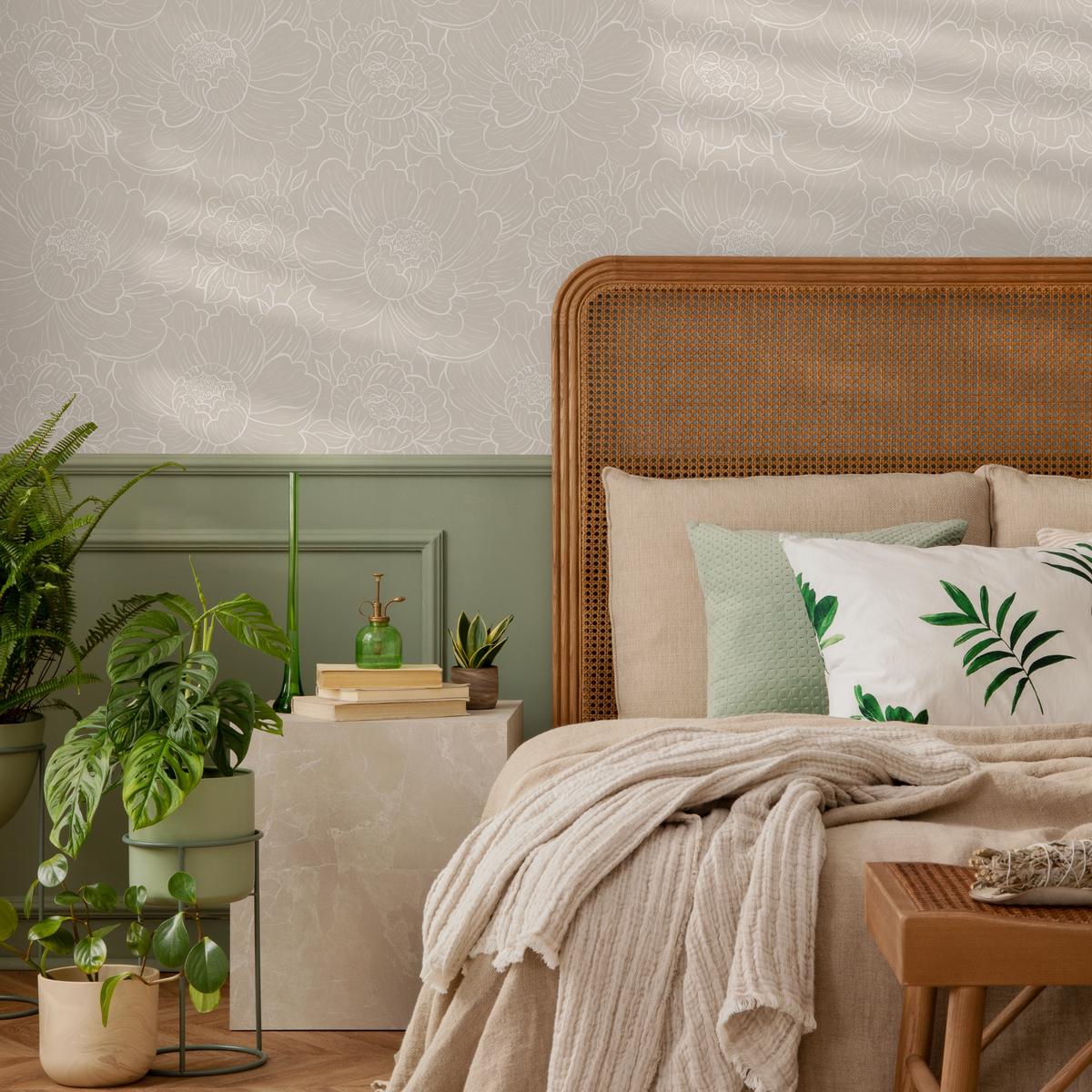 Floral Wallpaper Featuring Elegant Peony Line Art in Beige and White - detail view