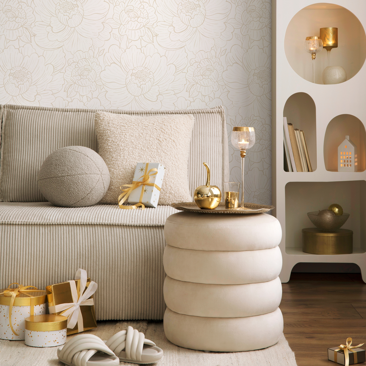 Floral Wallpaper with Minimalist Peony Outlines in Neutral Beige - detail view
