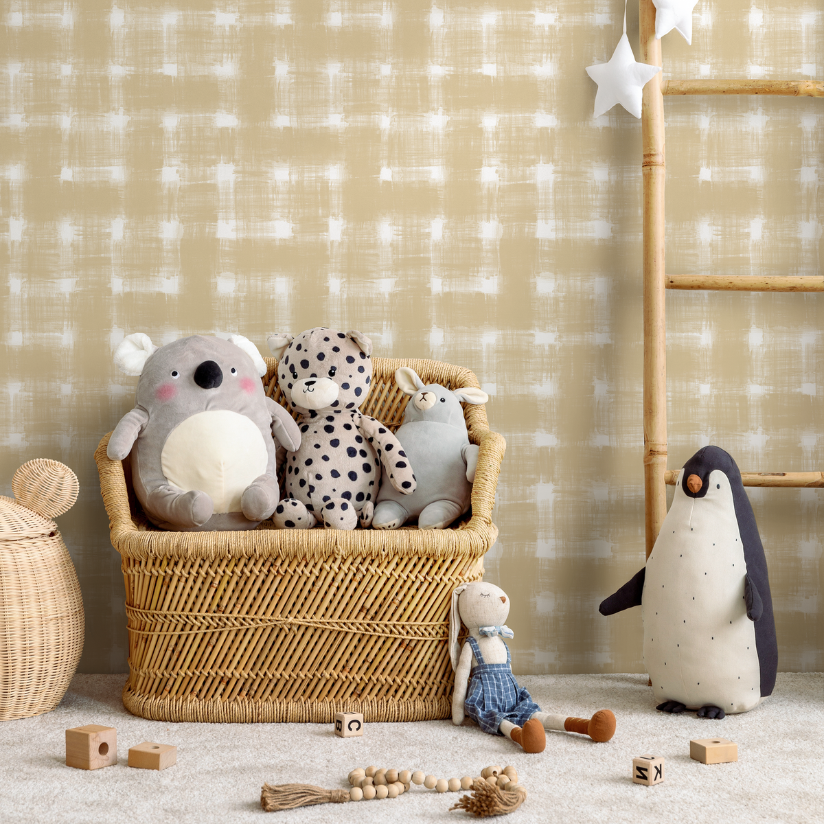 Checkered Wallpaper with a Painterly Motif in Cream and White - detail view