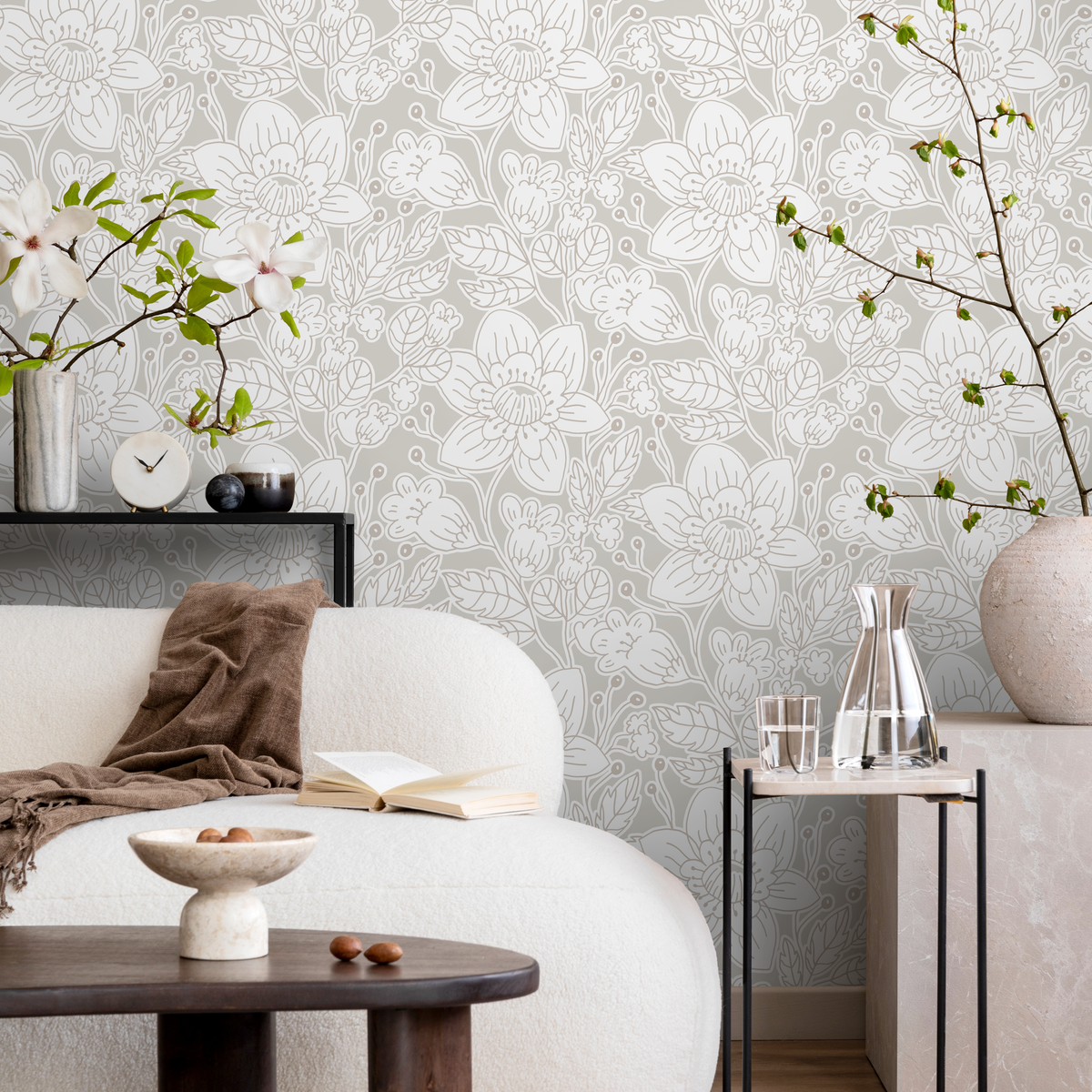 Botanical Wallpaper with a Delicate Floral Line Art Motif in Taupe - detail view