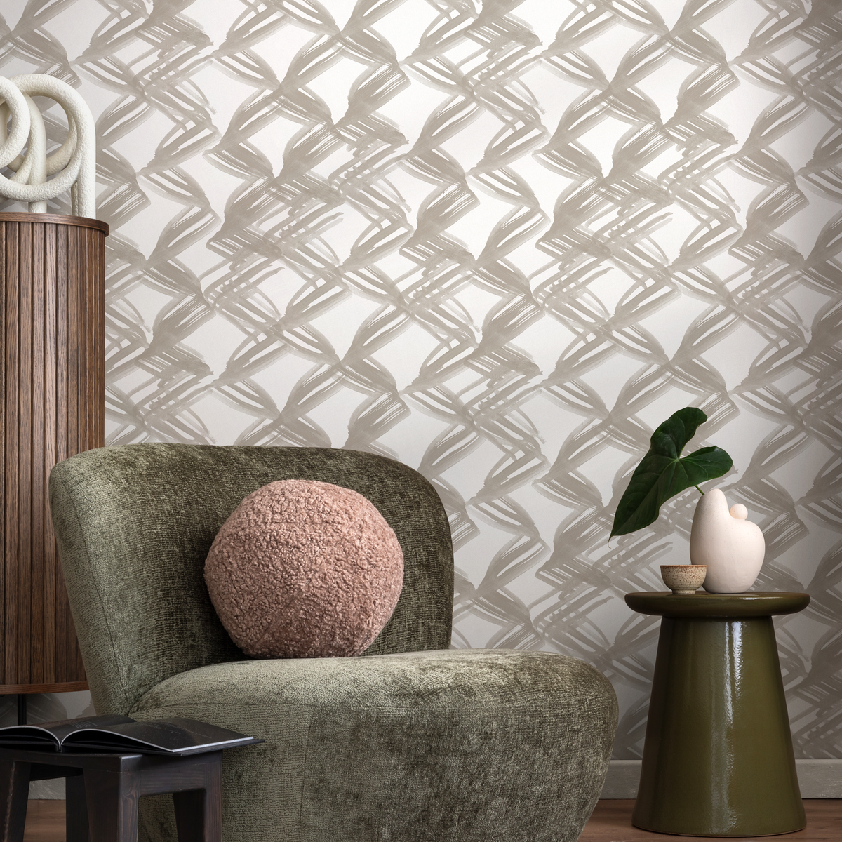 Abstract Wallpaper with a Woven Brushstroke Motif in Taupe - detail view