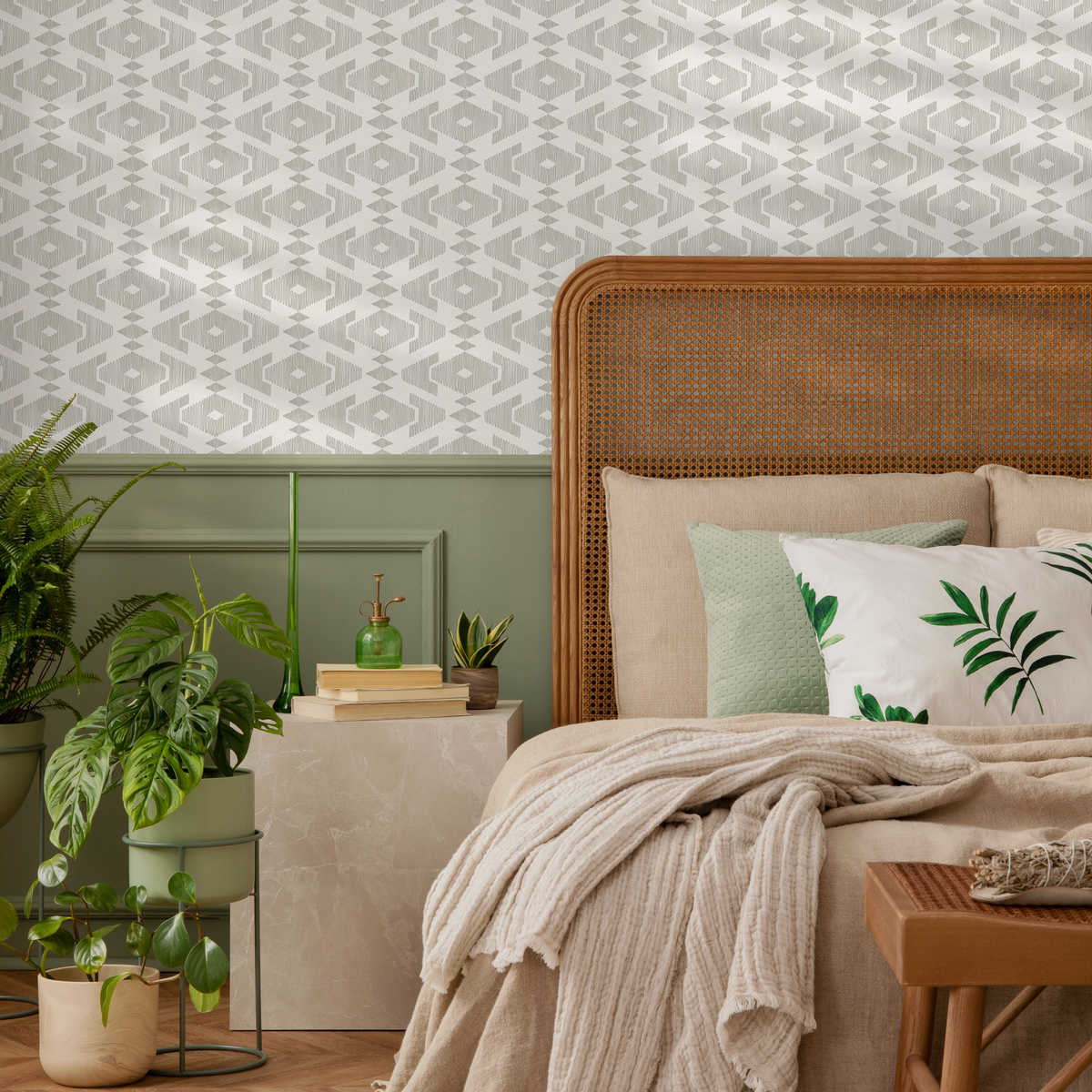 Geometric Wallpaper with a Sketched Diamond Motif in Sage Green - detail view