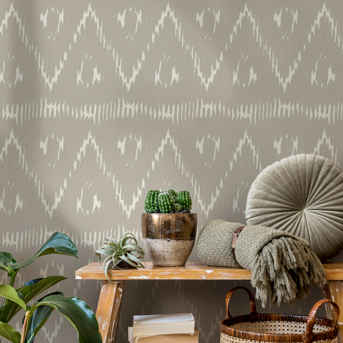 Ethnic Wallpaper with an Ikat Chevron Motif in Beige and Cream - detail view