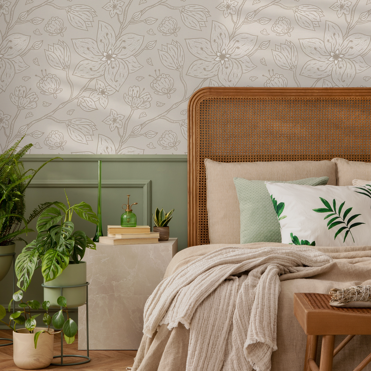 Floral Wallpaper with a Minimalist Line Art Motif in Taupe and Beige - detail view