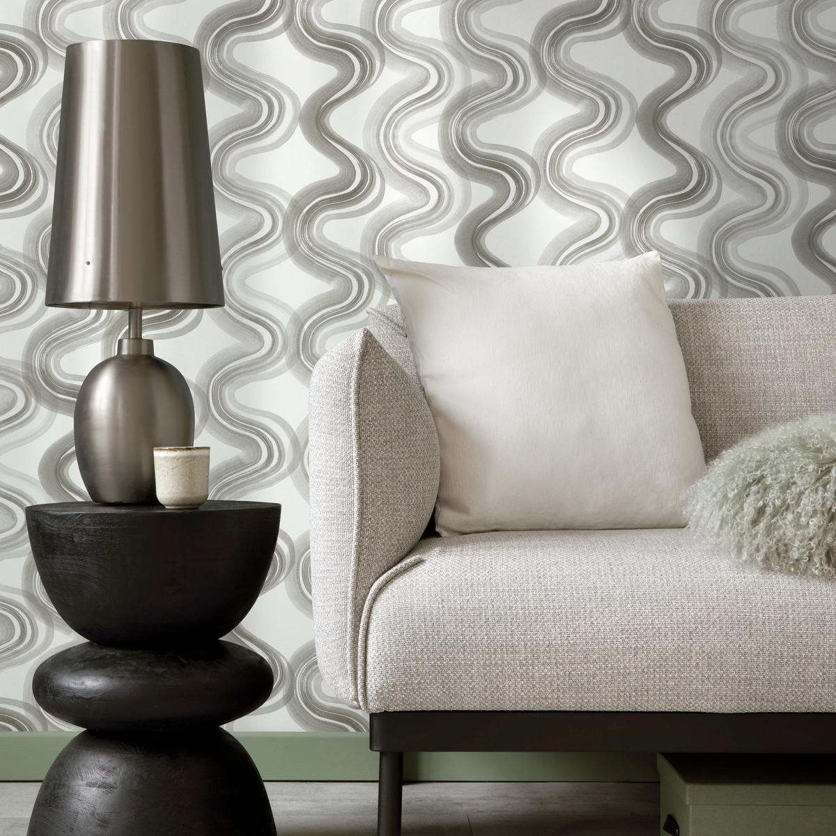 Abstract Wallpaper with a Wavy Ink Brushstroke Motif in Shades of Greige - detail view