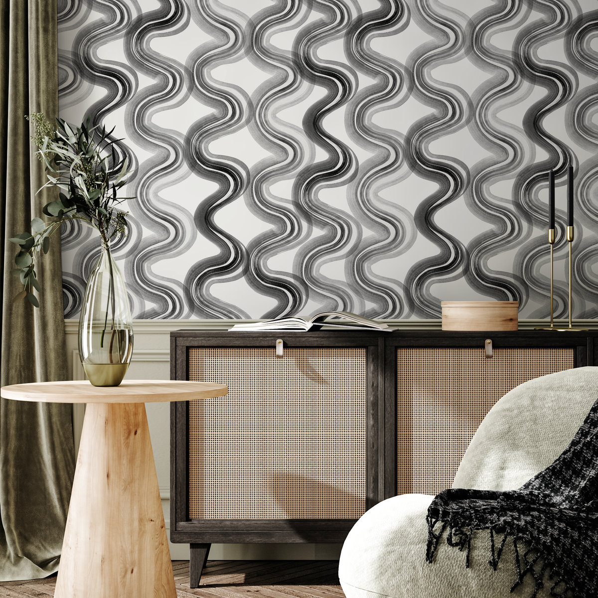 Abstract Wallpaper with Wavy Ink Lines in Black, White, and White - detail view