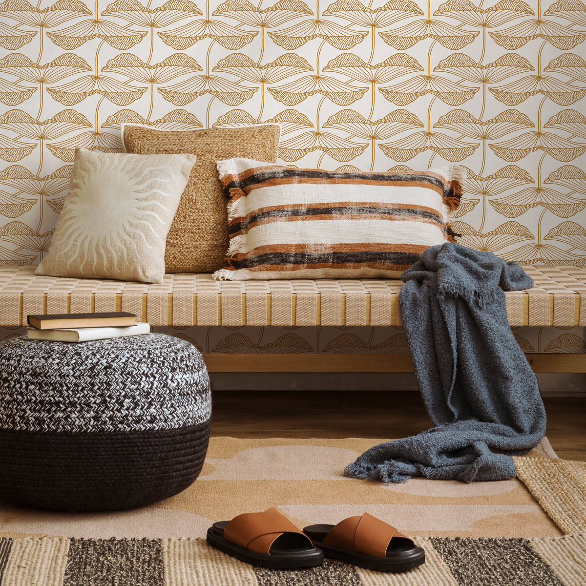 Stylized Ginkgo Leaf Wallpaper in Gold - detail view