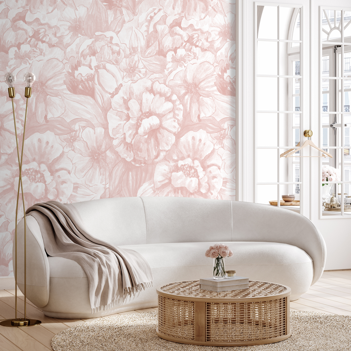 Floral Wallpaper with Watercolor Peonies in Pink - detail view