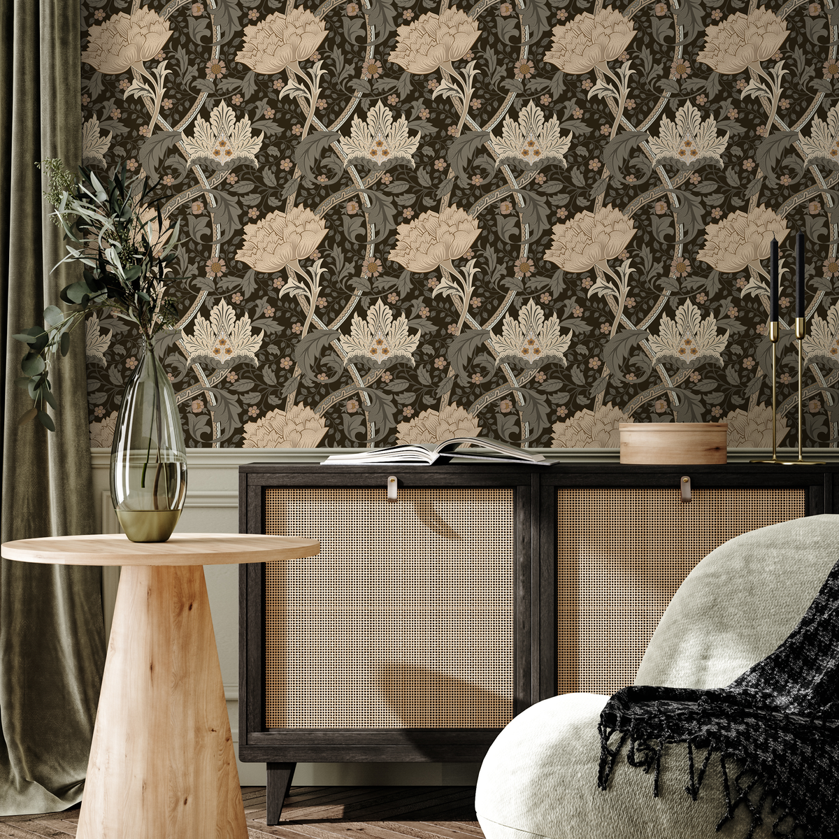 Vintage Floral Wallpaper with a William Morris Motif in Taupe, Sage, and Charcoal - detail view