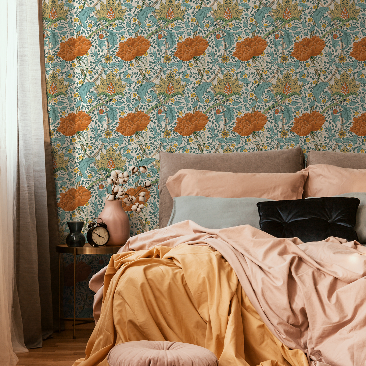 Floral Wallpaper with an Arts and Crafts Motif in Orange, Teal, and Gold - detail view