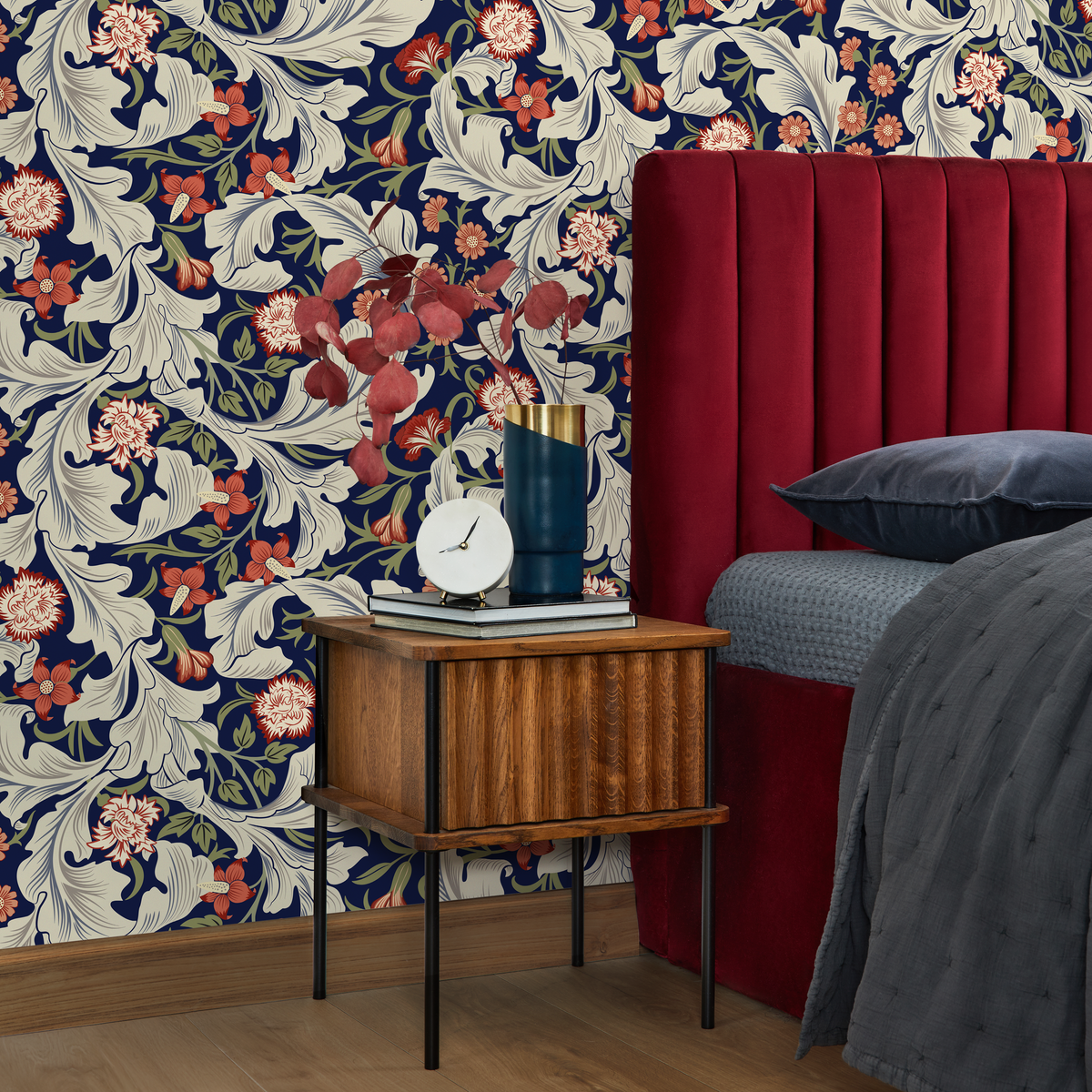 Arts and Crafts Wallpaper featuring Florals in Blue, Red, and Cream - detail view