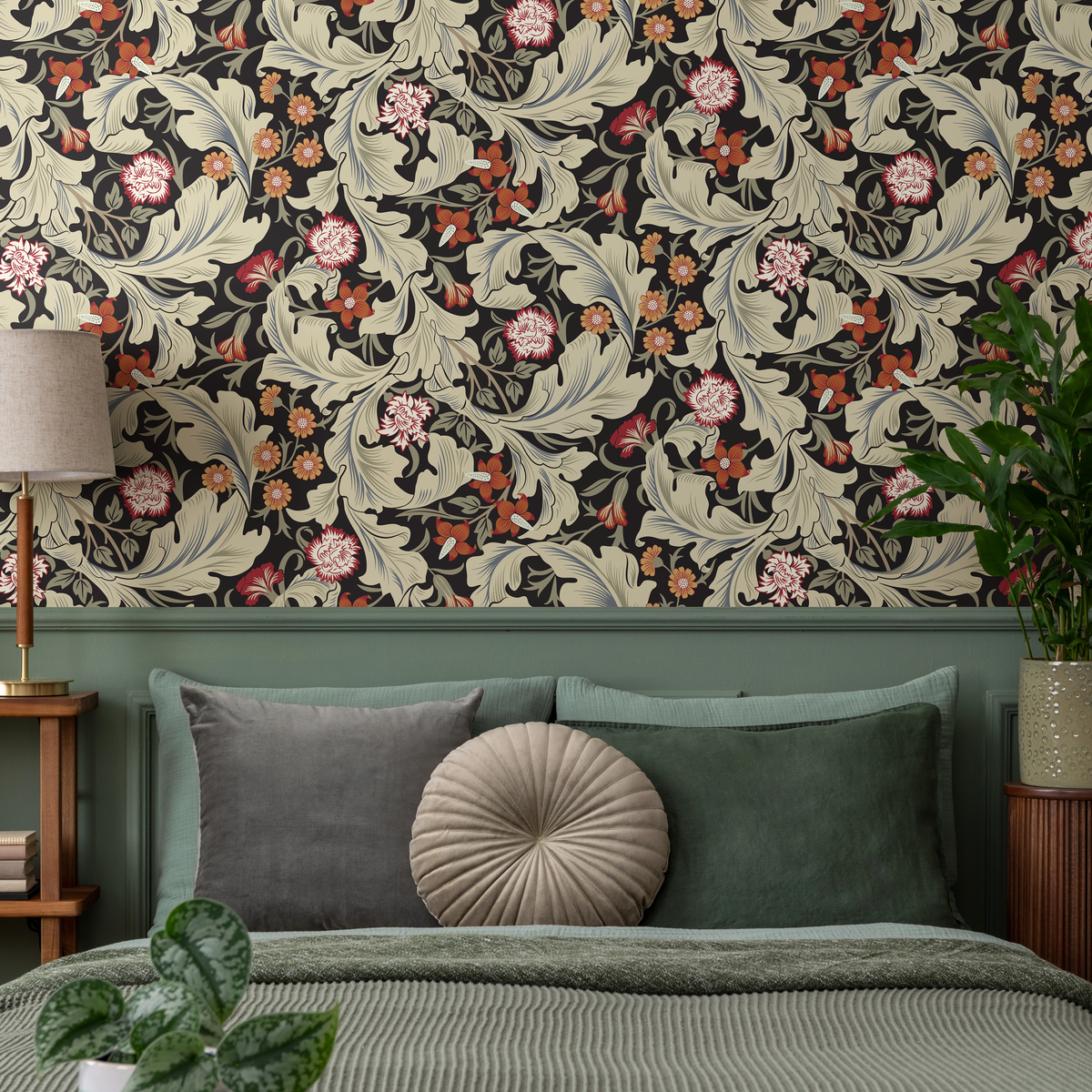 Victorian Vintage Wallpaper Featuring Ornate Florals in Black, Red, and Green - detail view