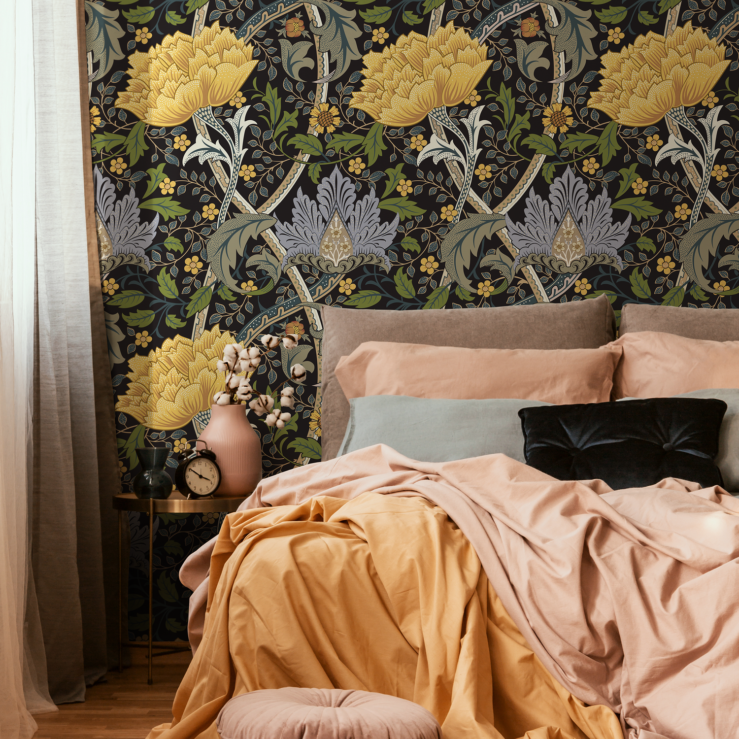 Arts and Crafts Wallpaper with a Vintage Floral Trellis in Yellow, Blue, and Green - C997