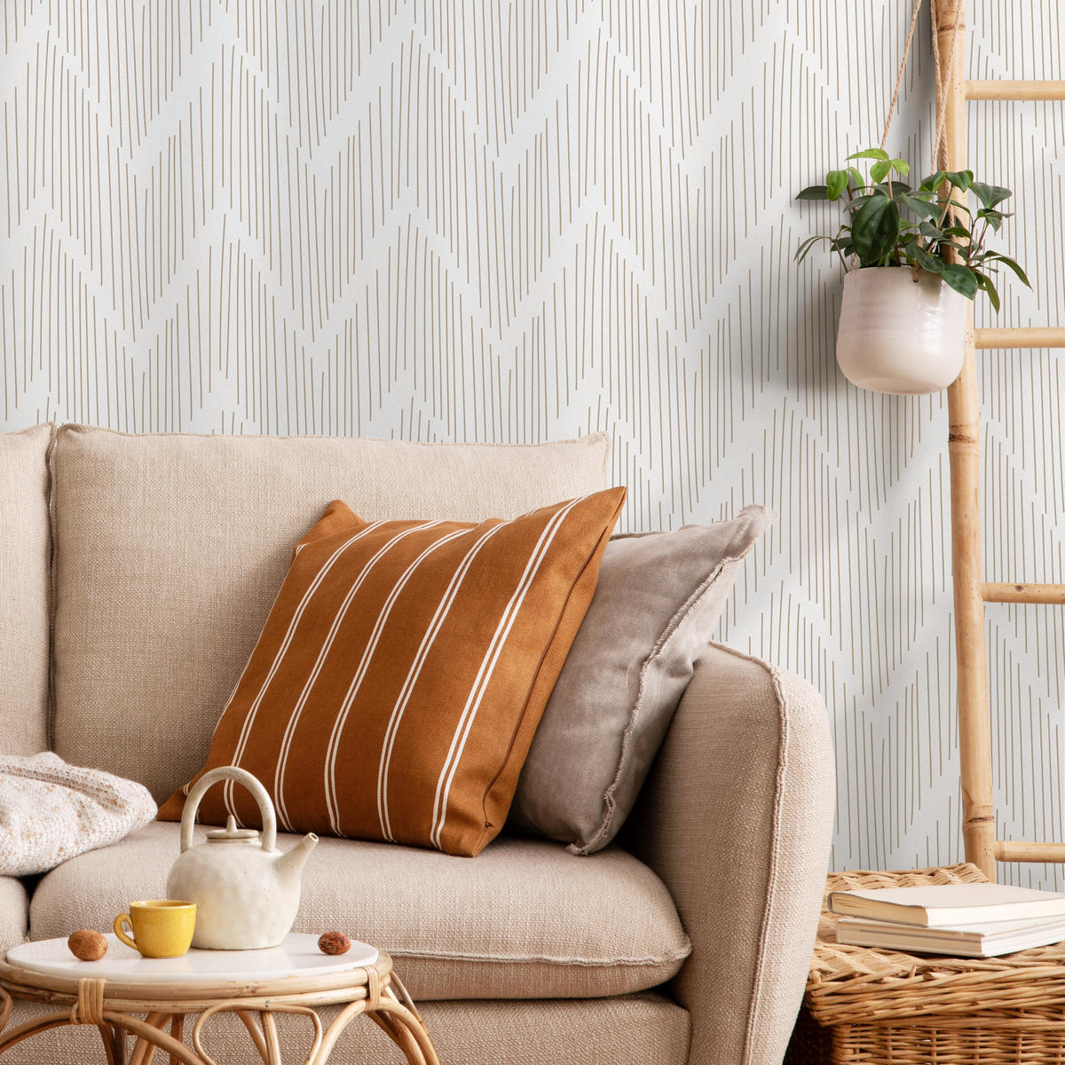 Minimalist Hand-Drawn Chevron Wallpaper in Beige Brown - detail view