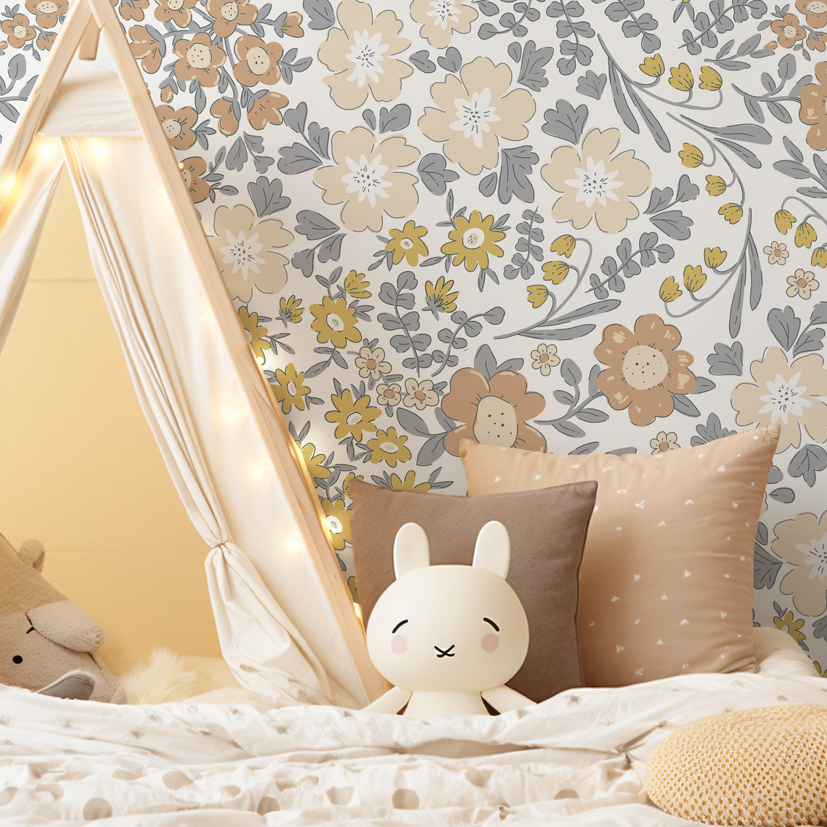 Floral Wallpaper with a Boho Garden Motif in Yellow, Brown, and Gray - detail view