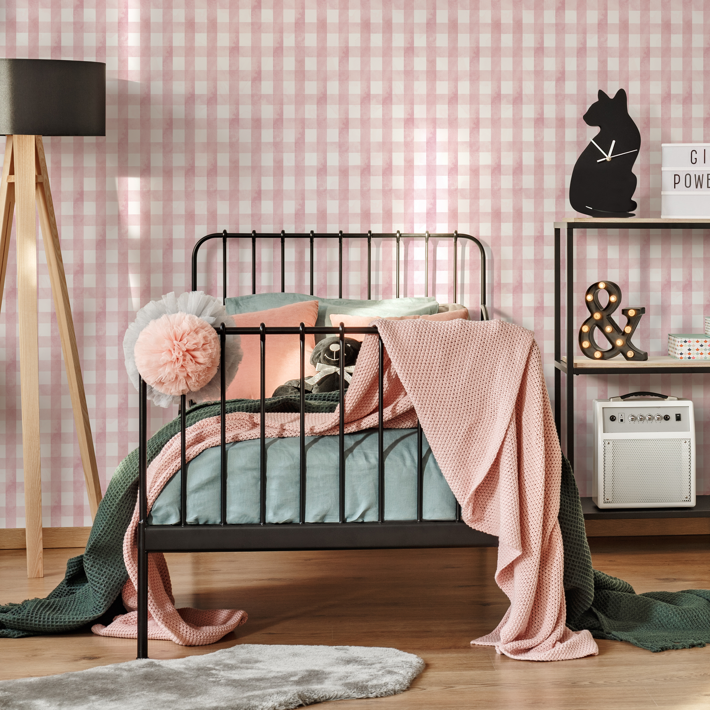 Pink Gingham Wallpaper / Peel and Stick Wallpaper Removable Wallpaper Home Decor Wall Art Wall Decor Room Decor - D011