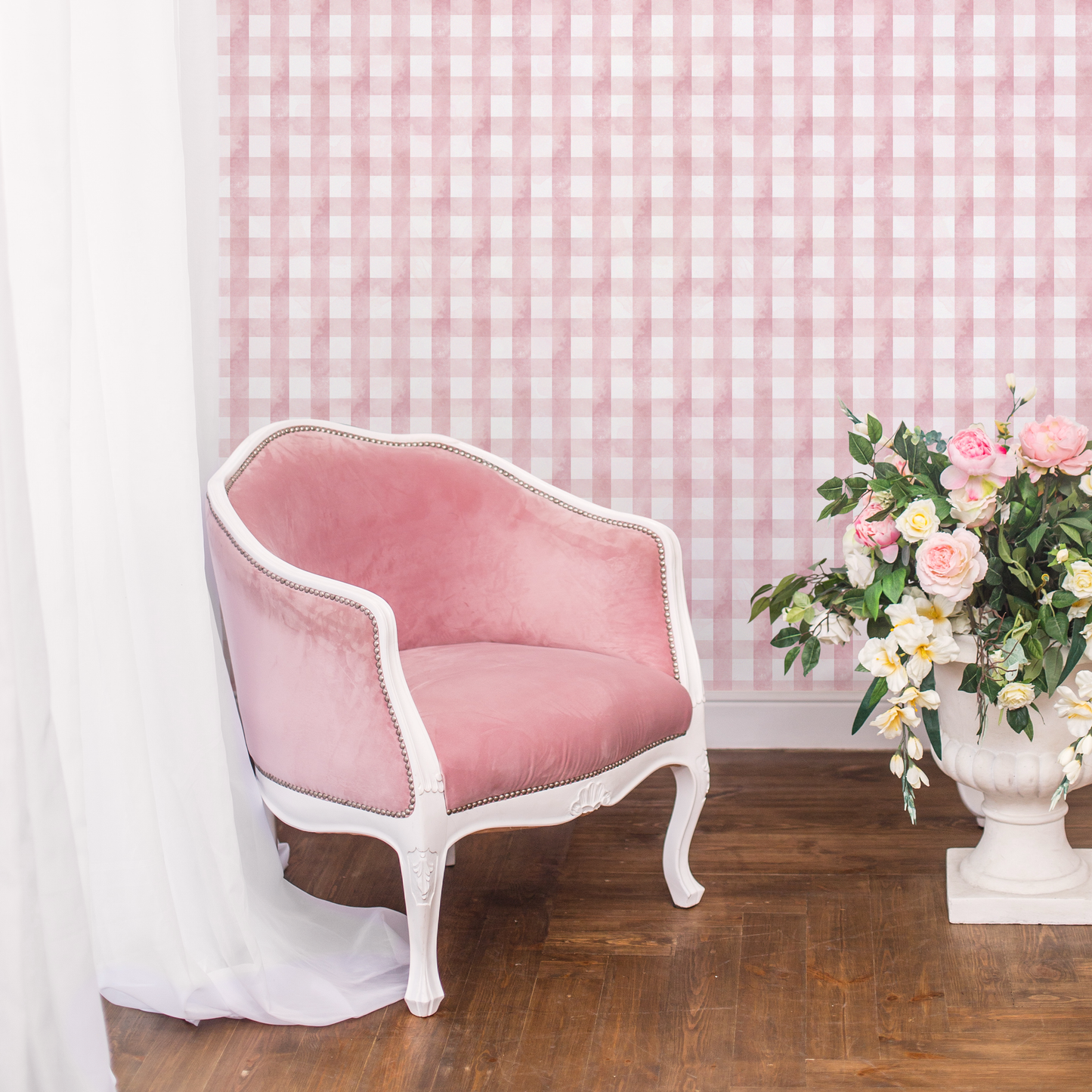 Pink Gingham Wallpaper / Peel and Stick Wallpaper Removable Wallpaper Home Decor Wall Art Wall Decor Room Decor - D011