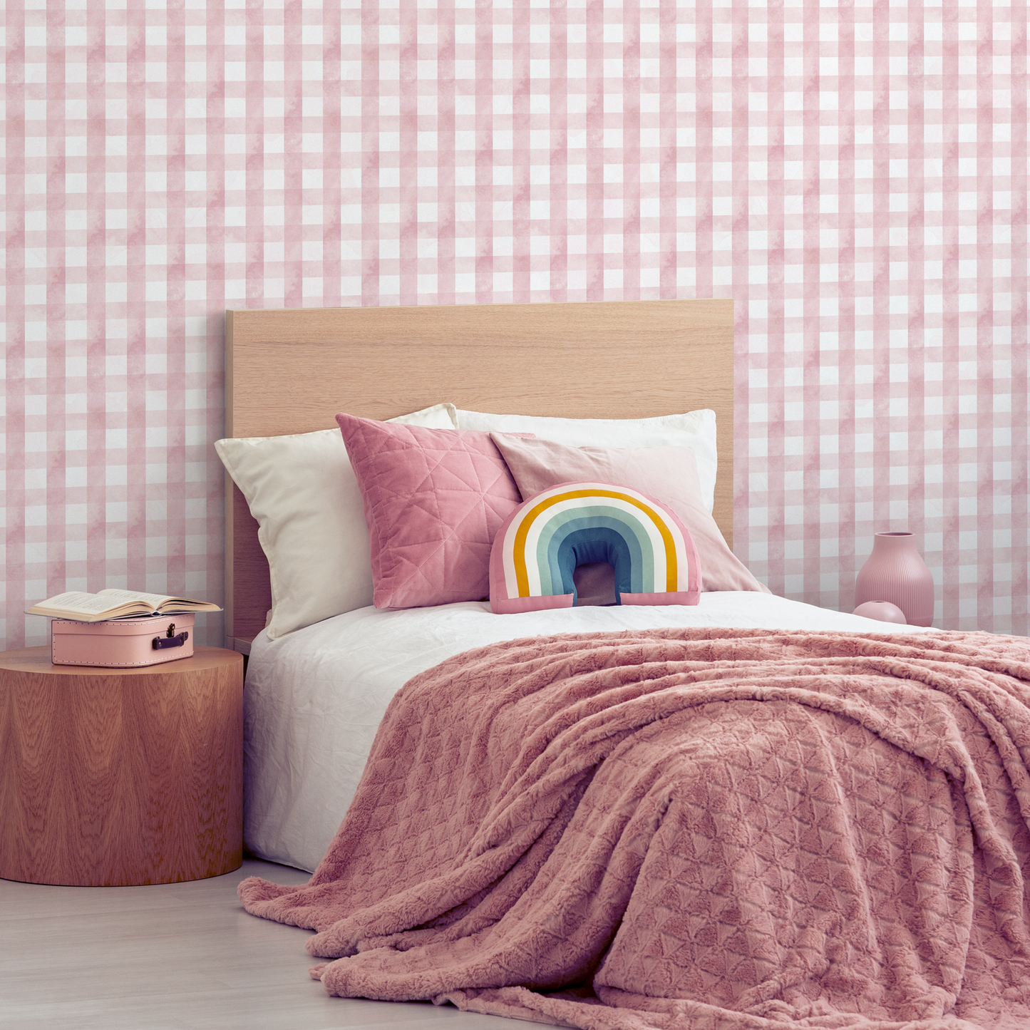 Pink Gingham Wallpaper / Peel and Stick Wallpaper Removable Wallpaper Home Decor Wall Art Wall Decor Room Decor - D011