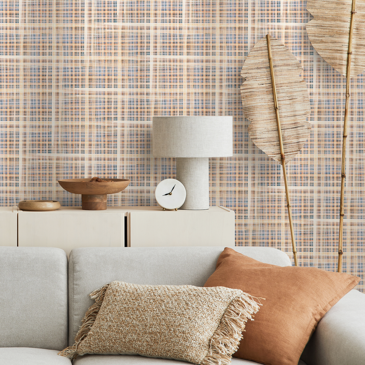 Tartan Wallpaper with a Woven Grid Motif in Blue, Orange, and Beige - detail view