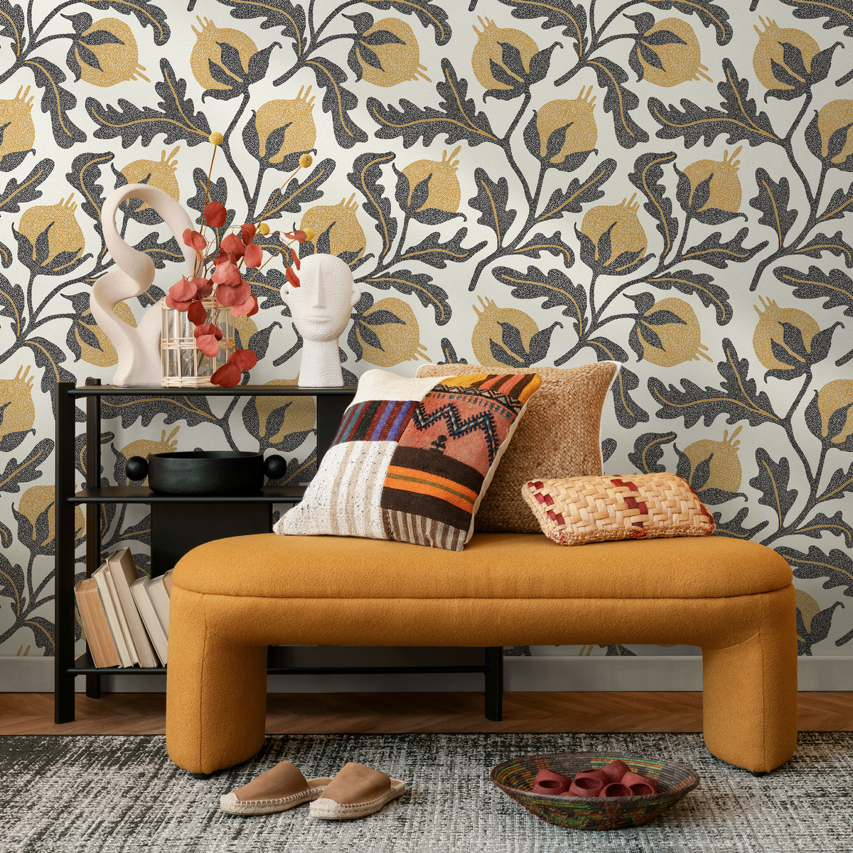 Floral Wallpaper with a Stippled Pomegranate Motif in Yellow and Charcoal - detail view