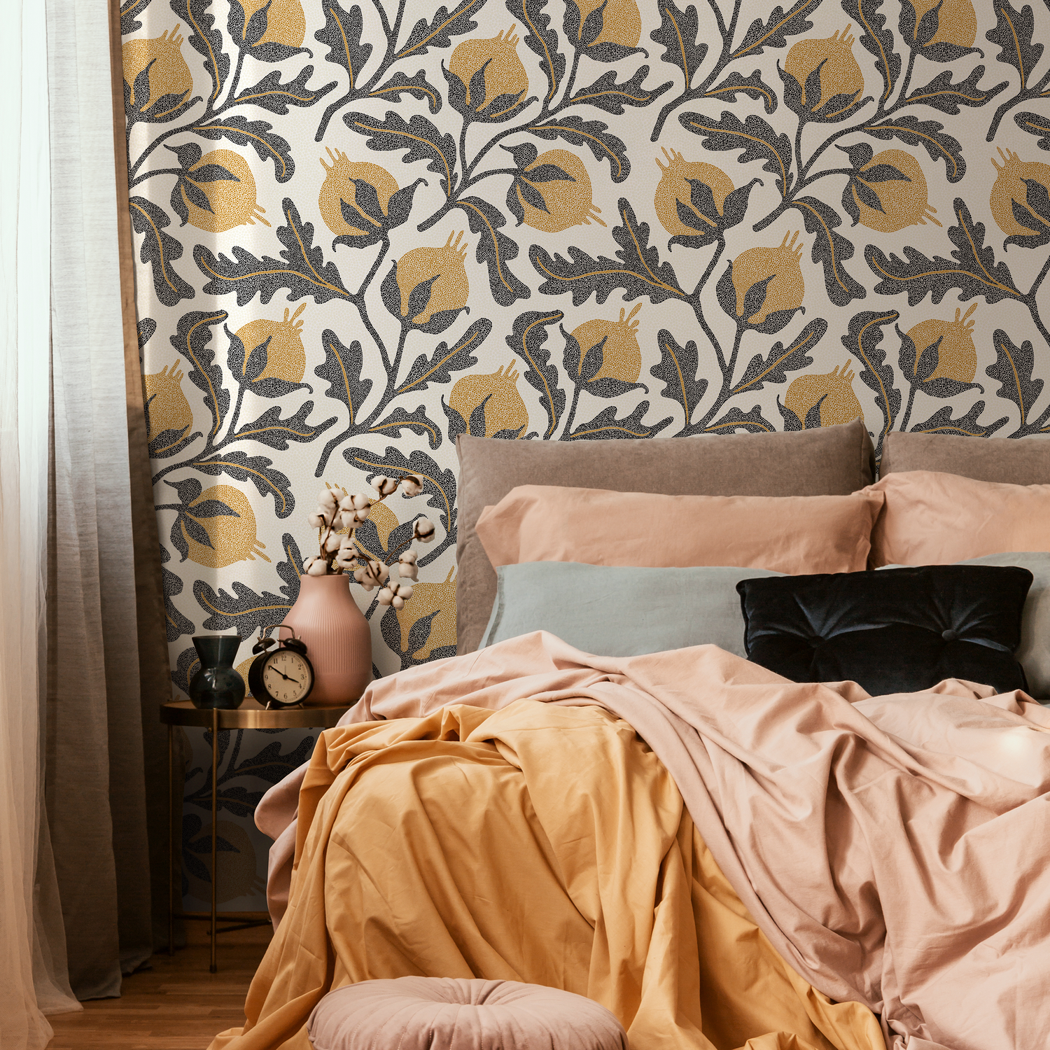 Papier peint floral jaune vintage / Papier peint autocollant amovible Décoration d'intérieur Art mural Décoration murale Décoration de chambre - D019
