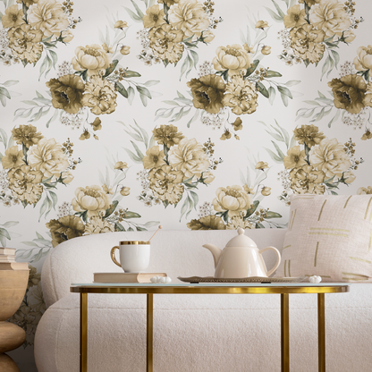 Yellow Vintage Peony Wallpaper / Peel and Stick Wallpaper Removable Wallpaper Home Decor Wall Art Wall Decor Room Decor - D024