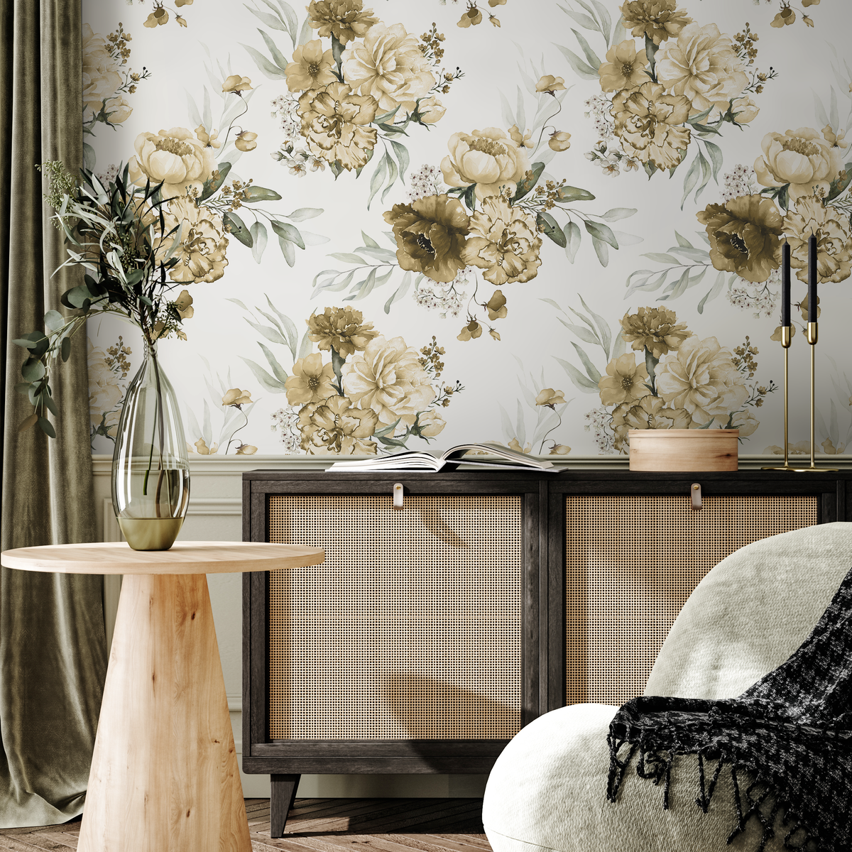 Yellow Vintage Peony Wallpaper / Peel and Stick Wallpaper Removable Wallpaper Home Decor Wall Art Wall Decor Room Decor - D024 - ONDECOR.COM