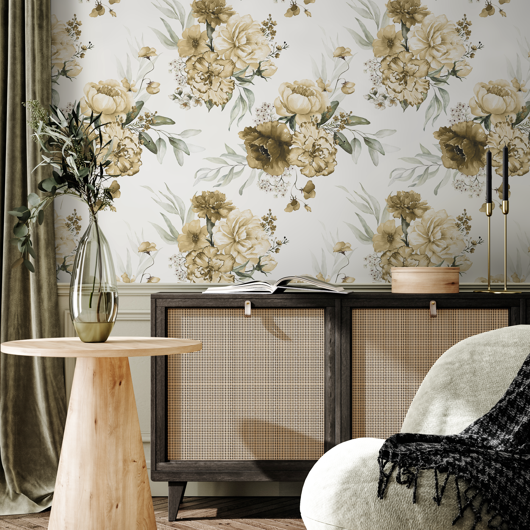 Yellow Vintage Peony Wallpaper / Peel and Stick Wallpaper Removable Wallpaper Home Decor Wall Art Wall Decor Room Decor - D024 - ONDECOR.COM
