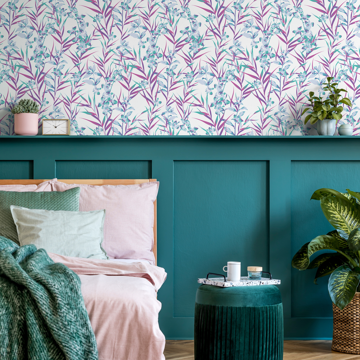Botanical Wallpaper with Delicate Climbing Florals in Purple and Teal - detail view
