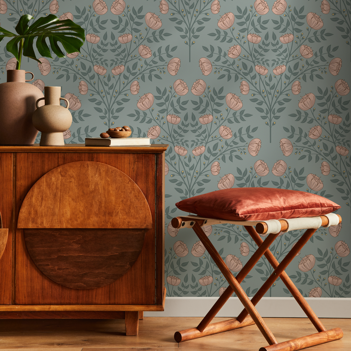 Vintage Floral Wallpaper with an Arts and Crafts Motif in Green and Pink - detail view