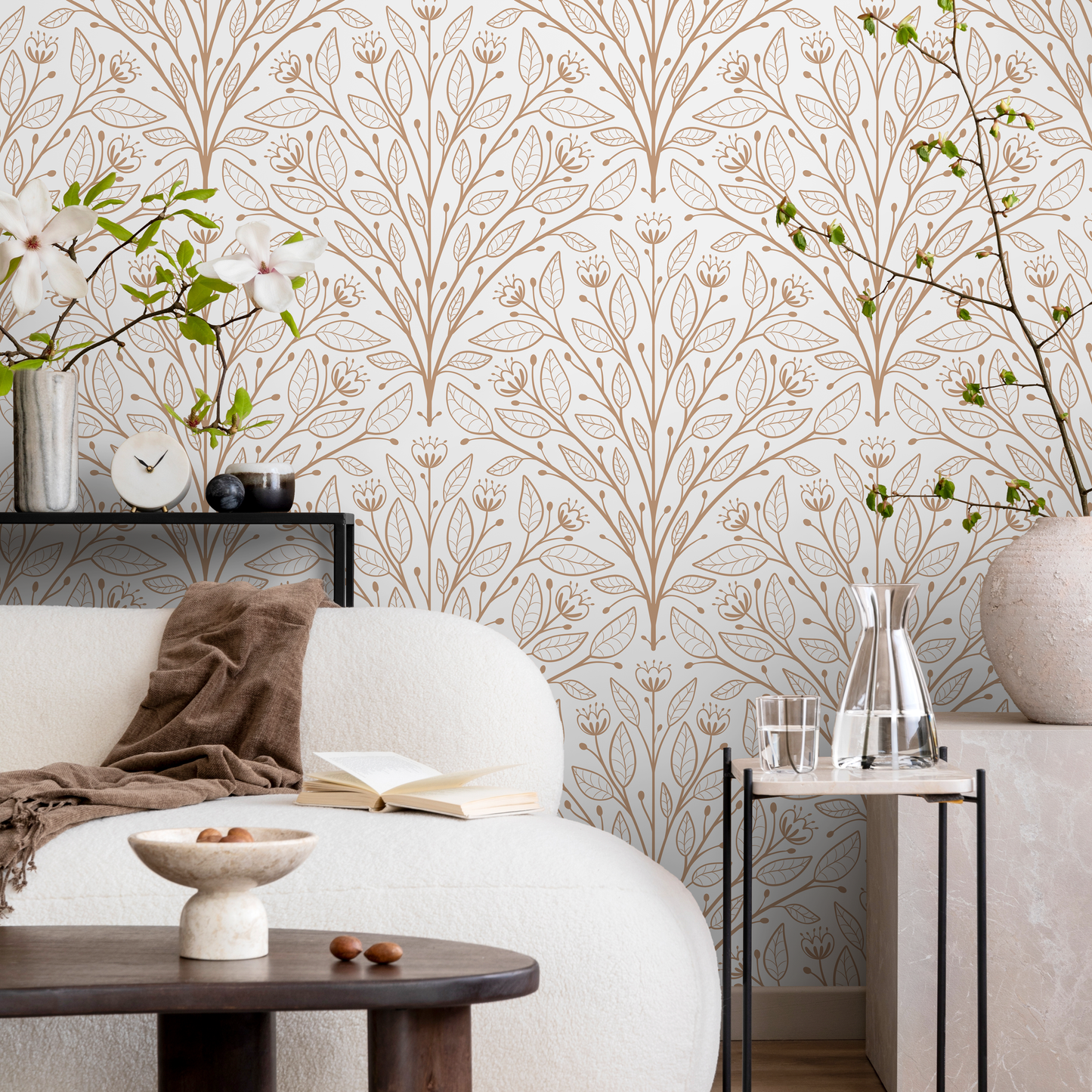 Beige Boho Floral Wallpaper / Peel and Stick Wallpaper Removable Wallpaper Home Decor Wall Art Wall Decor Room Decor - D041