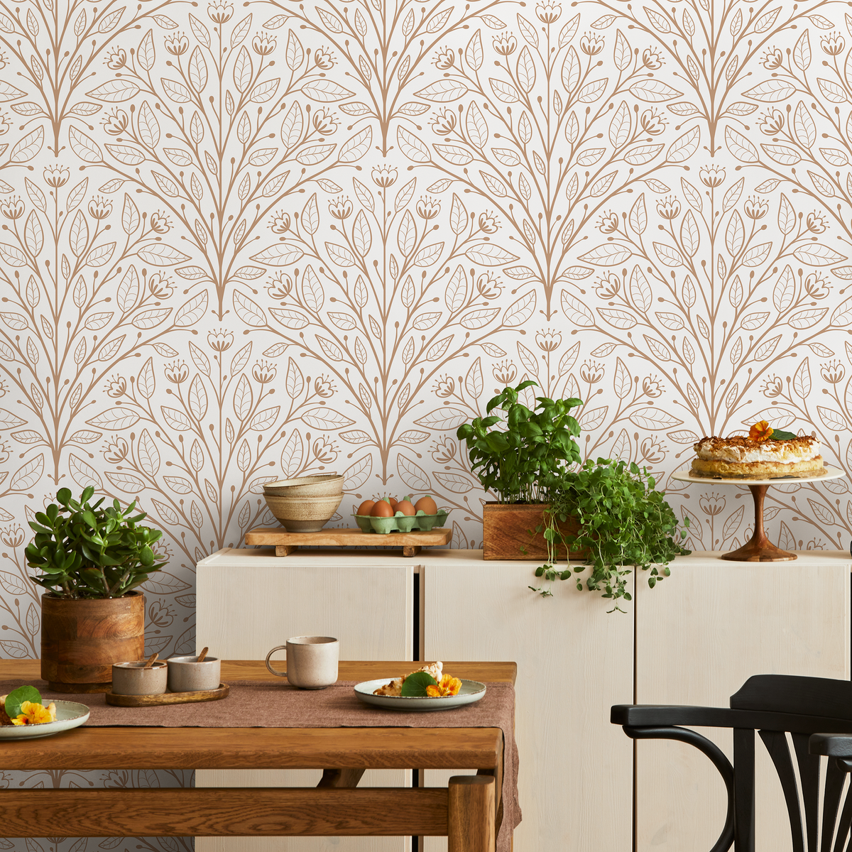 Botanical Wallpaper with a Symmetrical Branch Motif in Beige and Brown - detail view