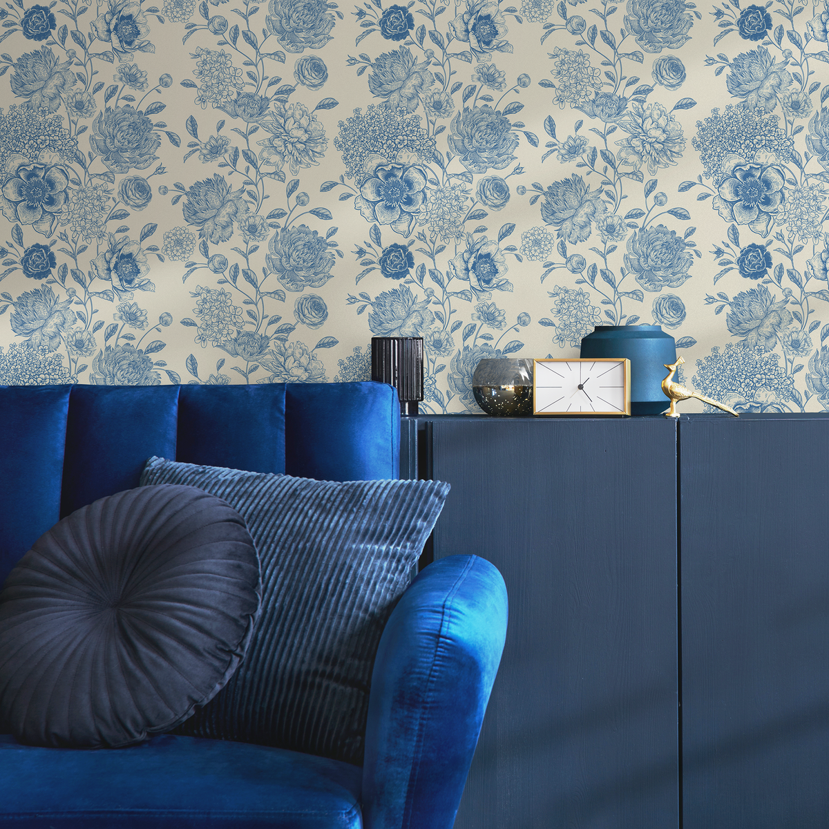 Vintage Floral Wallpaper with a Toile Motif in Blue and Cream - detail view