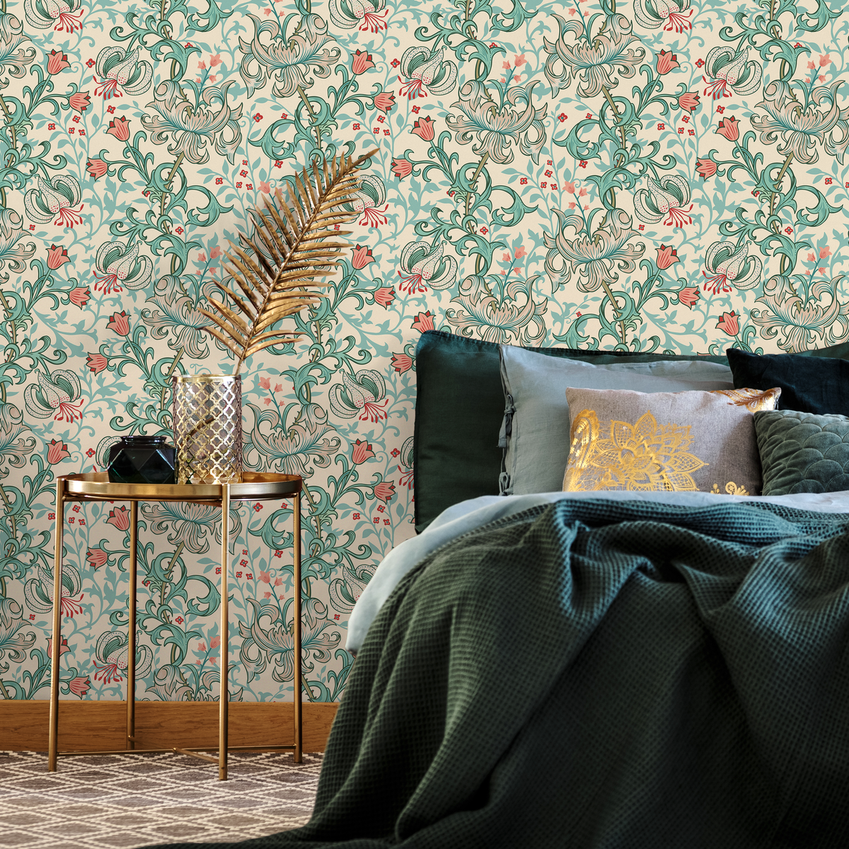 Vintage Floral Wallpaper with a Lily Motif in Teal, Coral, and Cream - detail view