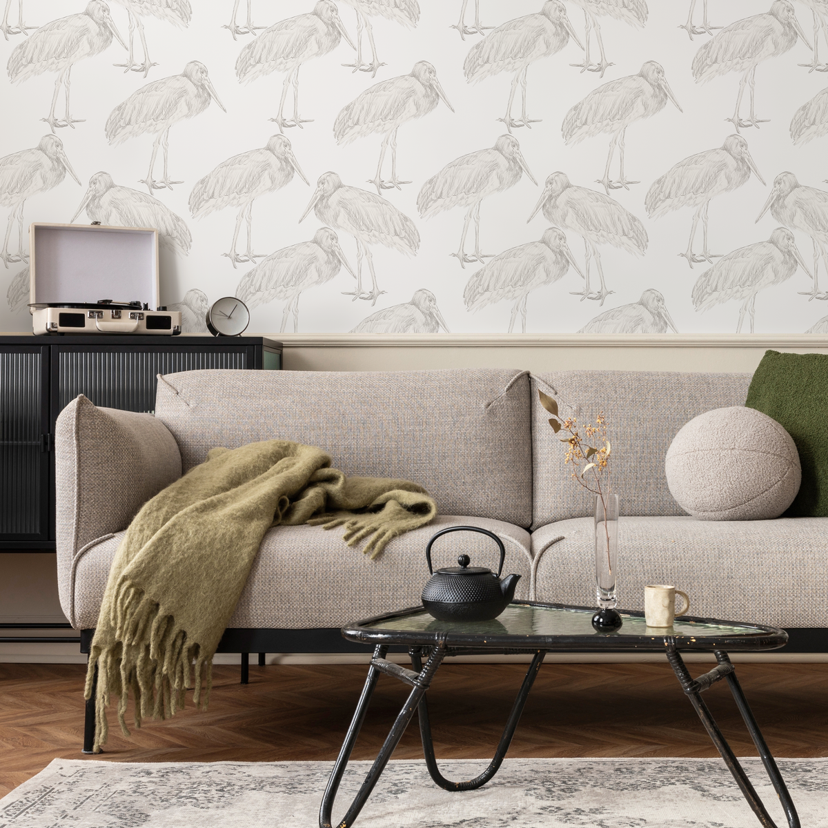 Bird Wallpaper with a Hand-Drawn Crane Motif in Greige - detail view