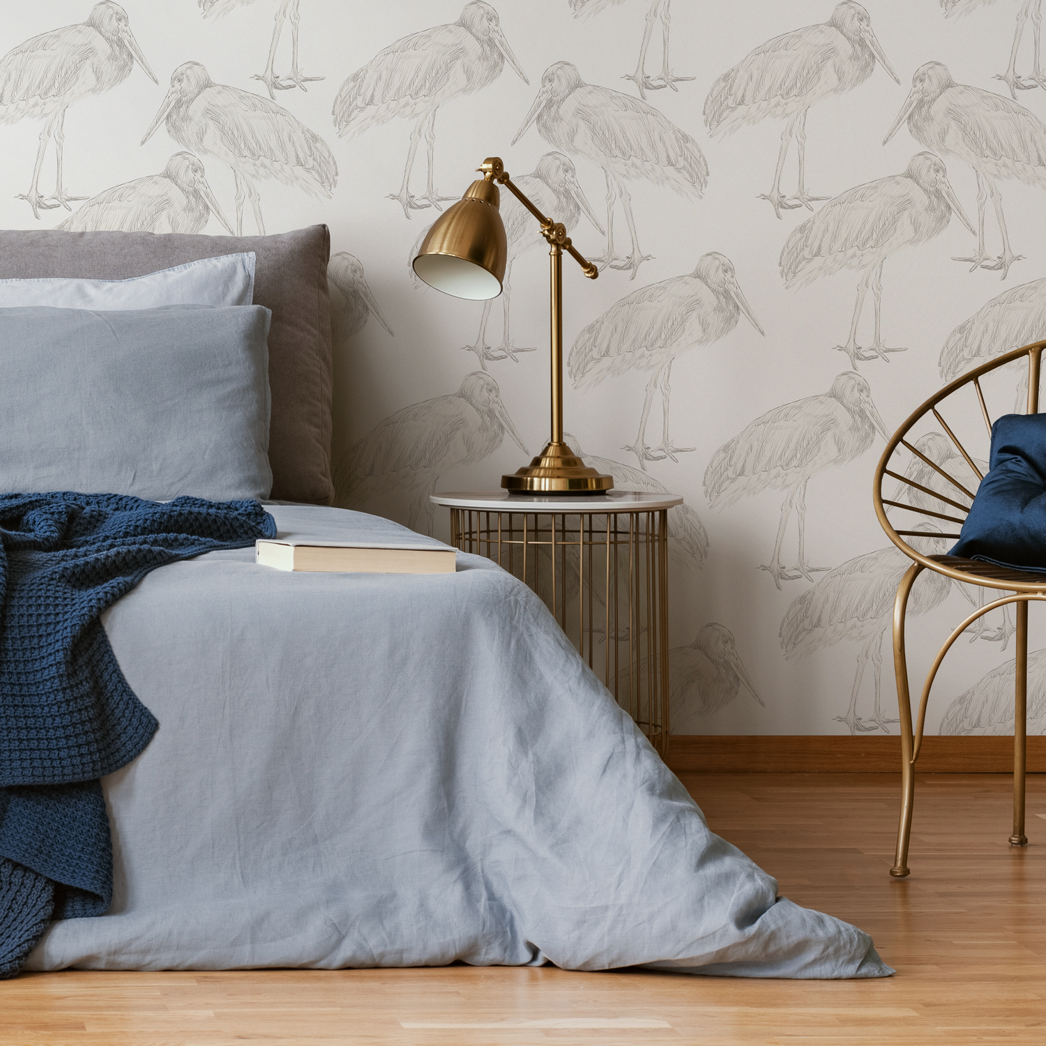Bird Wallpaper with a Hand-Drawn Crane Motif in Neutral Gray - D059