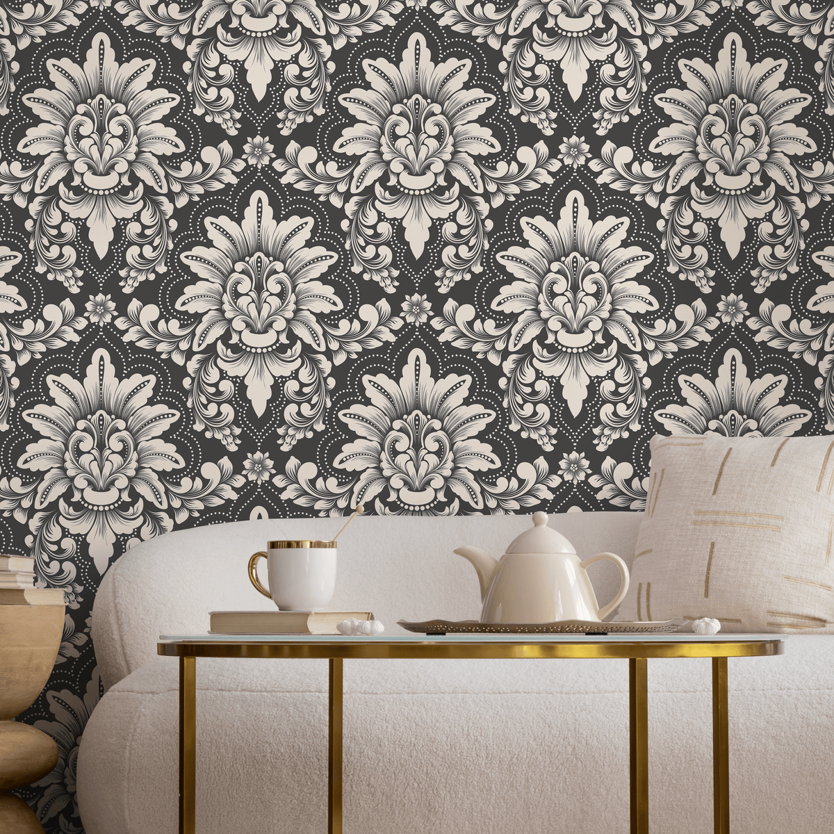 Damask Wallpaper with an Intricate Vintage Motif in Charcoal Gray and Cream - detail view