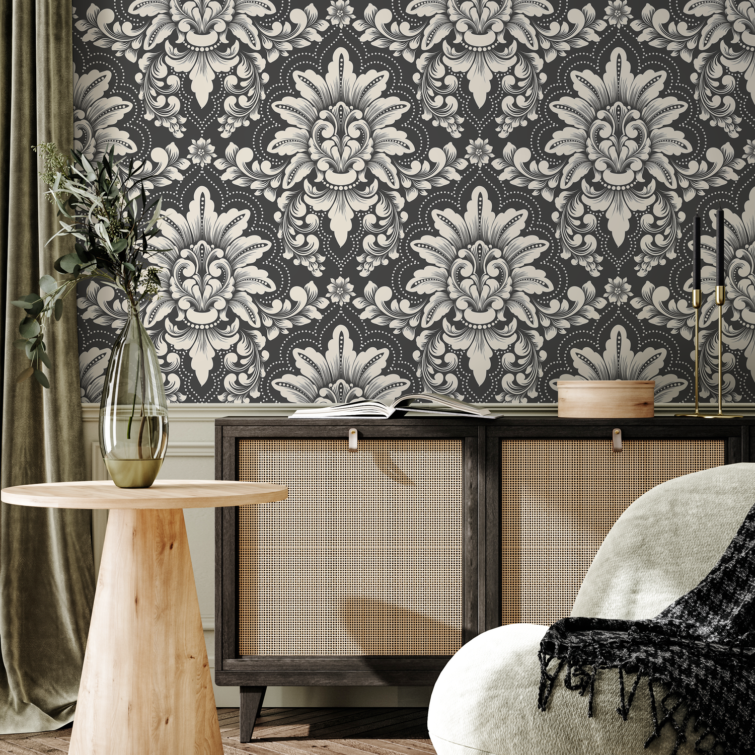 Papel pintado de damasco vintage gris/papel pintado autoadhesivo/papel pintado removible/decoración del hogar/arte de pared/decoración de habitación - D063