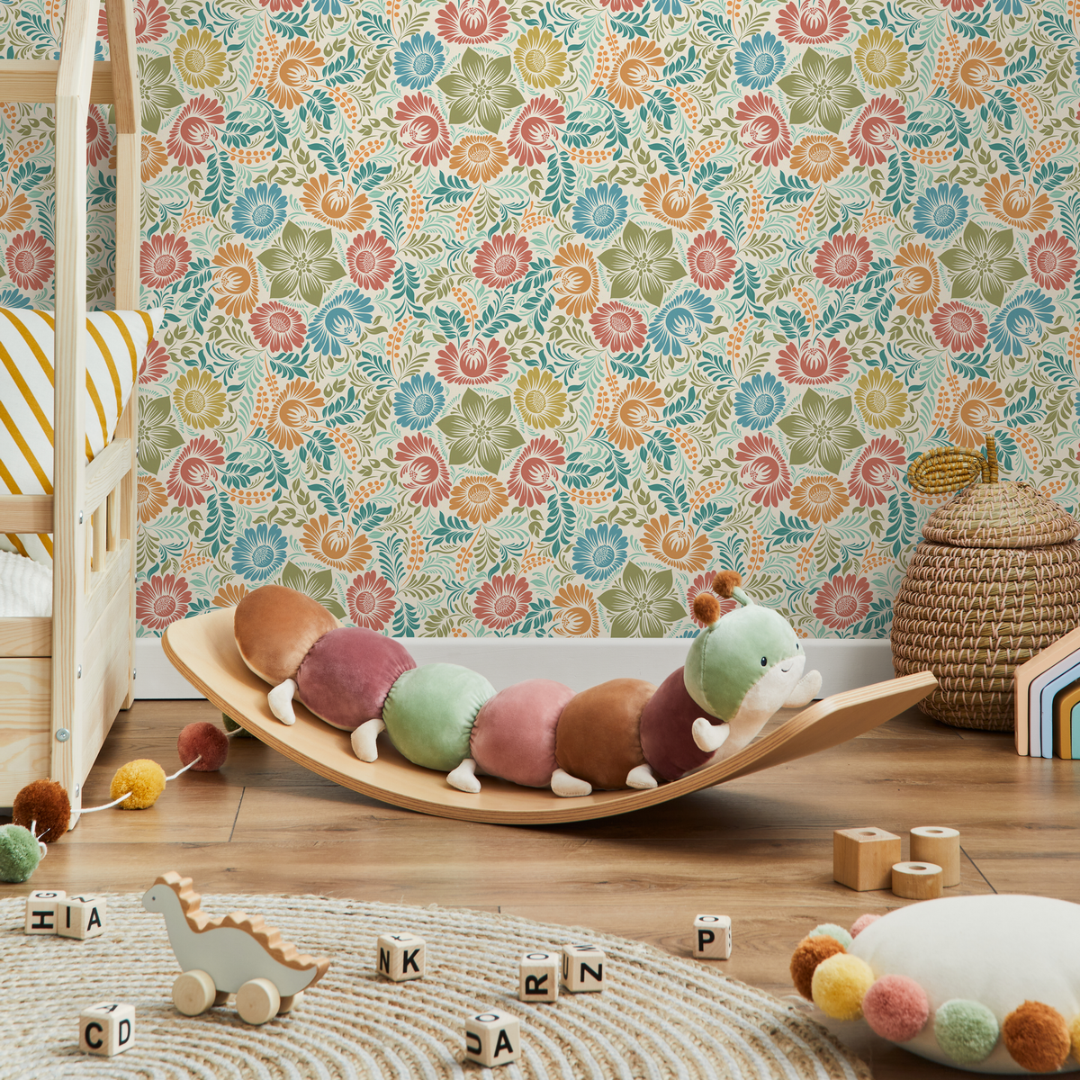 Floral Wallpaper with Stylized Folk Art Flowers in Red, Blue, and Green - detail view