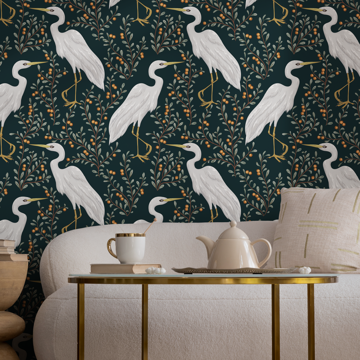 Bird Wallpaper Featuring Elegant Cranes and Berry Branches in Dark Teal and White - detail view