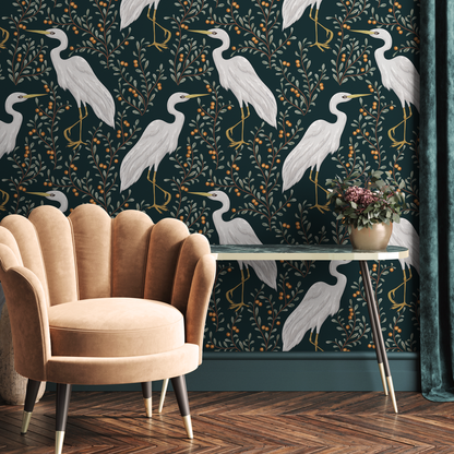 Floral Cranes Birds Wallpaper / Peel and Stick Wallpaper Removable Wallpaper Home Decor Wall Art Wall Decor Room Decor - D072