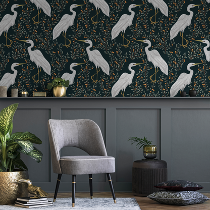 Floral Cranes Birds Wallpaper / Peel and Stick Wallpaper Removable Wallpaper Home Decor Wall Art Wall Decor Room Decor - D072