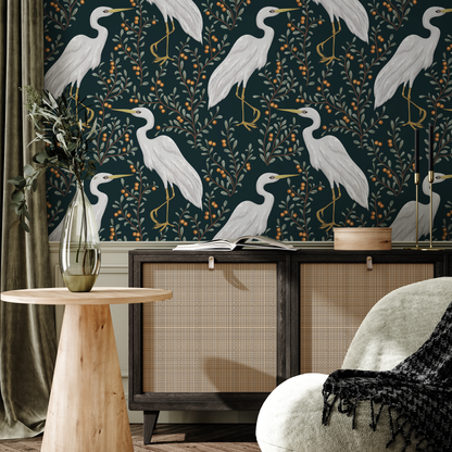 Floral Cranes Birds Wallpaper / Peel and Stick Wallpaper Removable Wallpaper Home Decor Wall Art Wall Decor Room Decor - D072