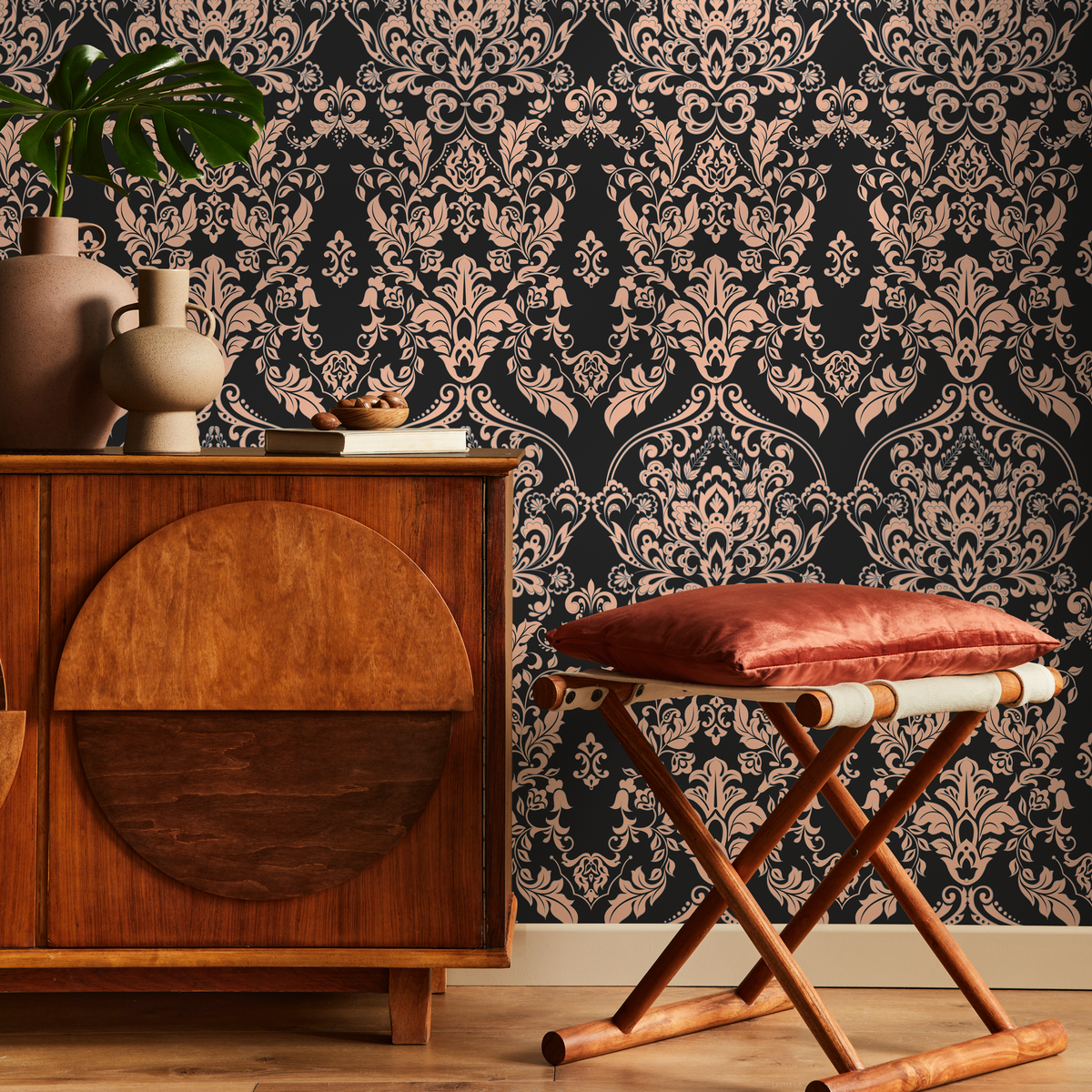 Victorian Wallpaper with an Ornate Damask Motif in Black and Rose Gold - detail view