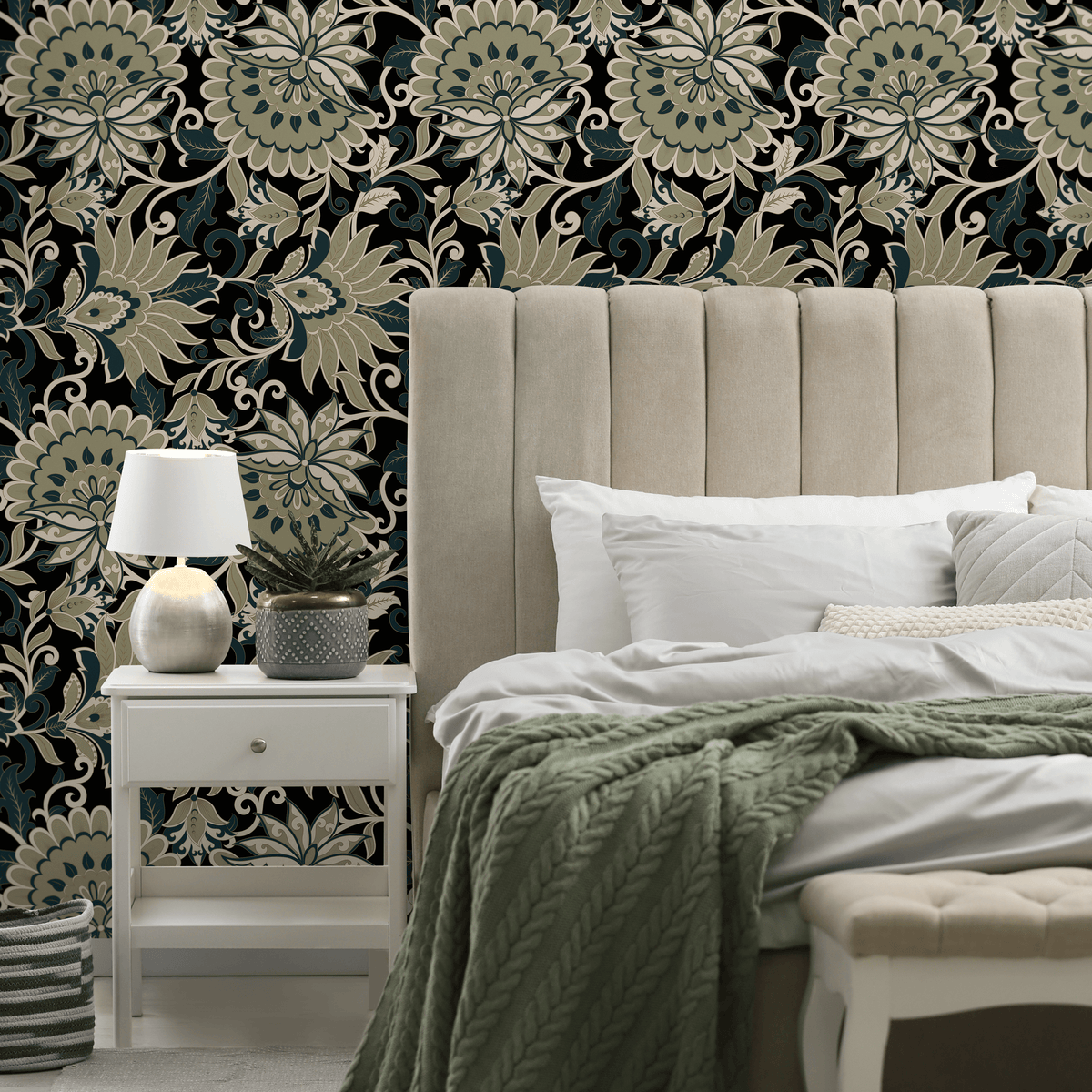 Victorian Wallpaper with a Floral Damask in Green, Teal, and Cream - detail view