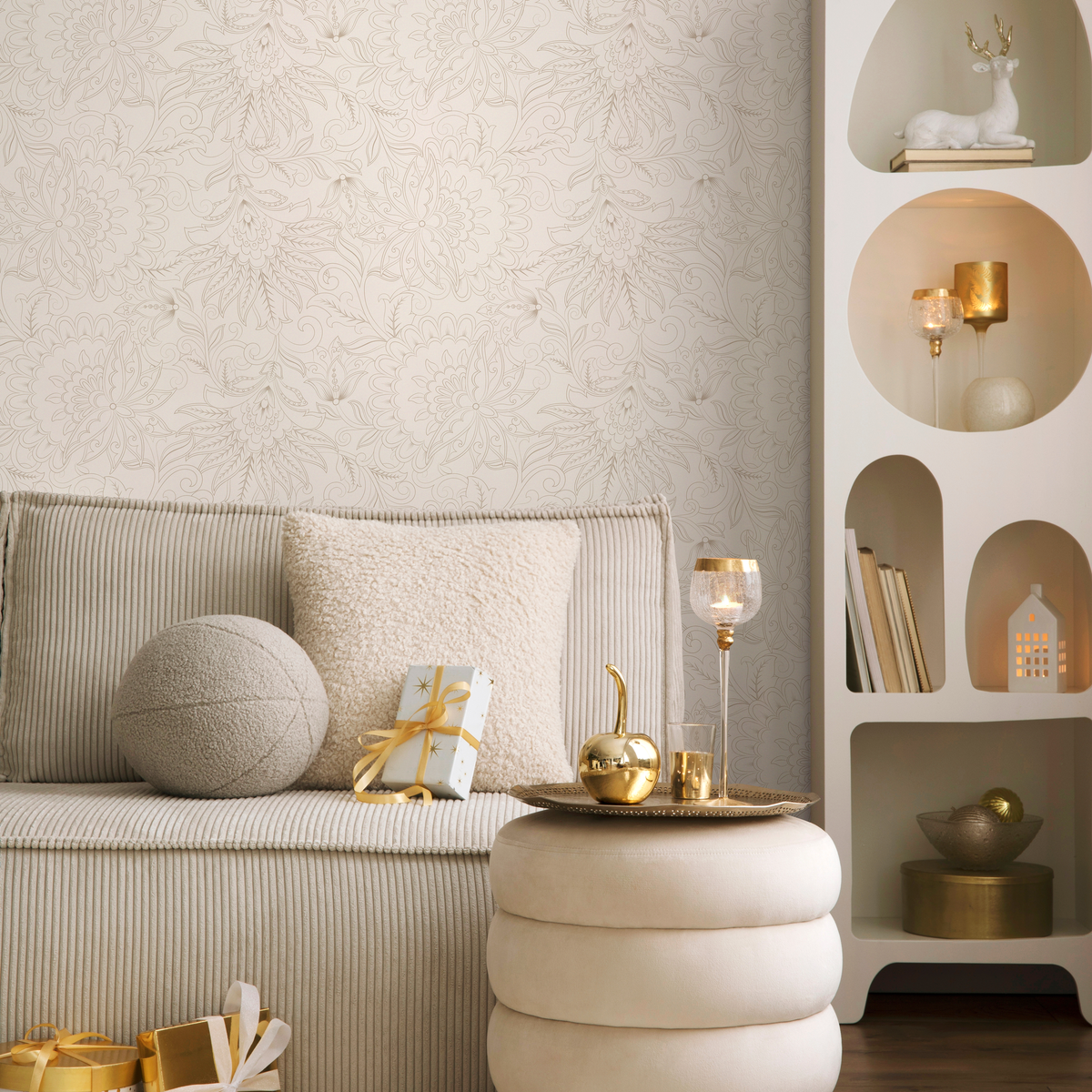 Victorian Wallpaper with Intricate Floral Line Art in Beige and Cream - detail view