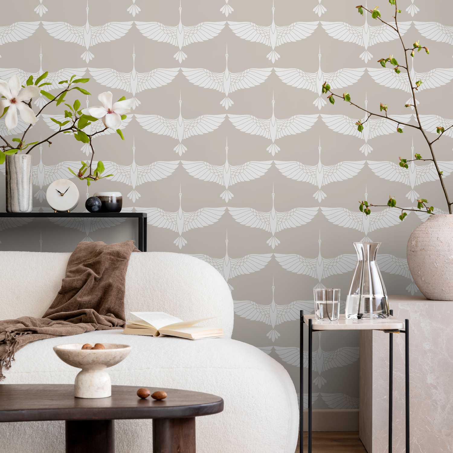 Mid Century Cranes Wallpaper Art Deco Swans Cream Wallpaper / Peel and Stick Wallpaper Removable Wallpaper Home Decor Wall Art - CC-D085